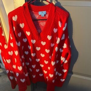 CeCe Red V-Neck Sweater with White Hearts